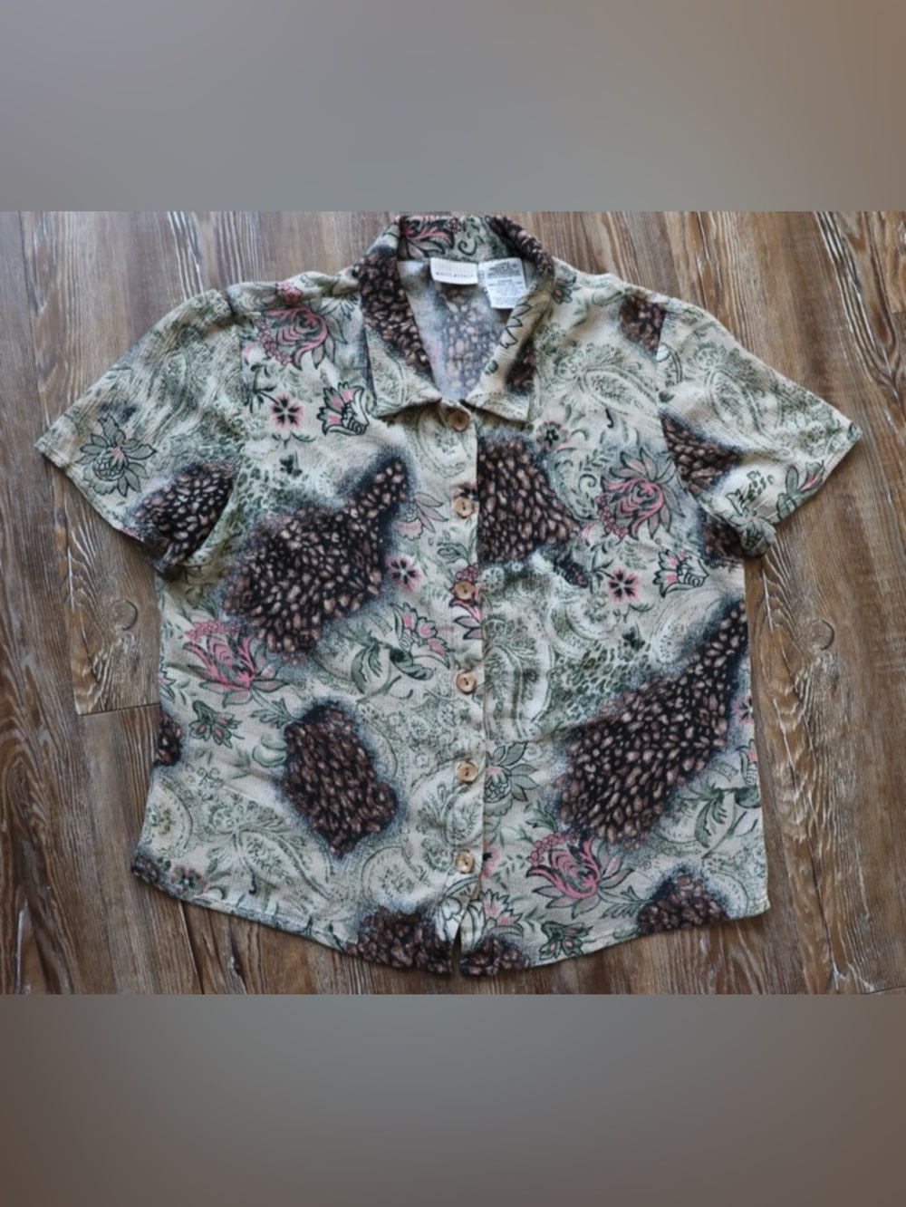 White Stag Womens Earthy Boho Top Soft Crinkle Floral Paisley Button Up Blouse M
